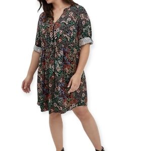 Torrid Mini Challis Floral Front Zip Shirt Dress Pockets Cuff Sleeve Black 6